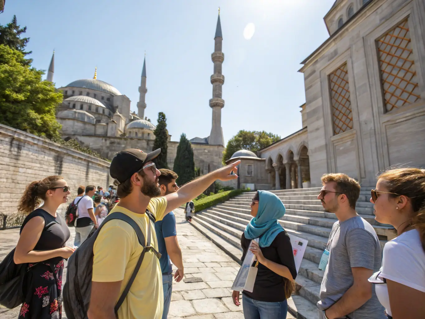 A scenic view of a guided heritage tour group exploring a historical site, with a knowledgeable guide pointing out architectural details and sharing stories about the past.