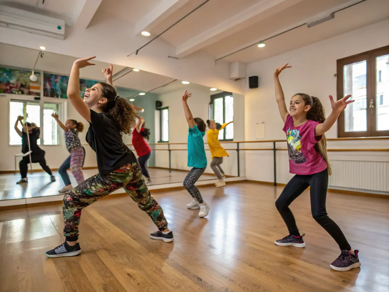 A lively scene from a music and dance class, featuring participants of different ages and backgrounds, enjoying the rhythm and movement together.