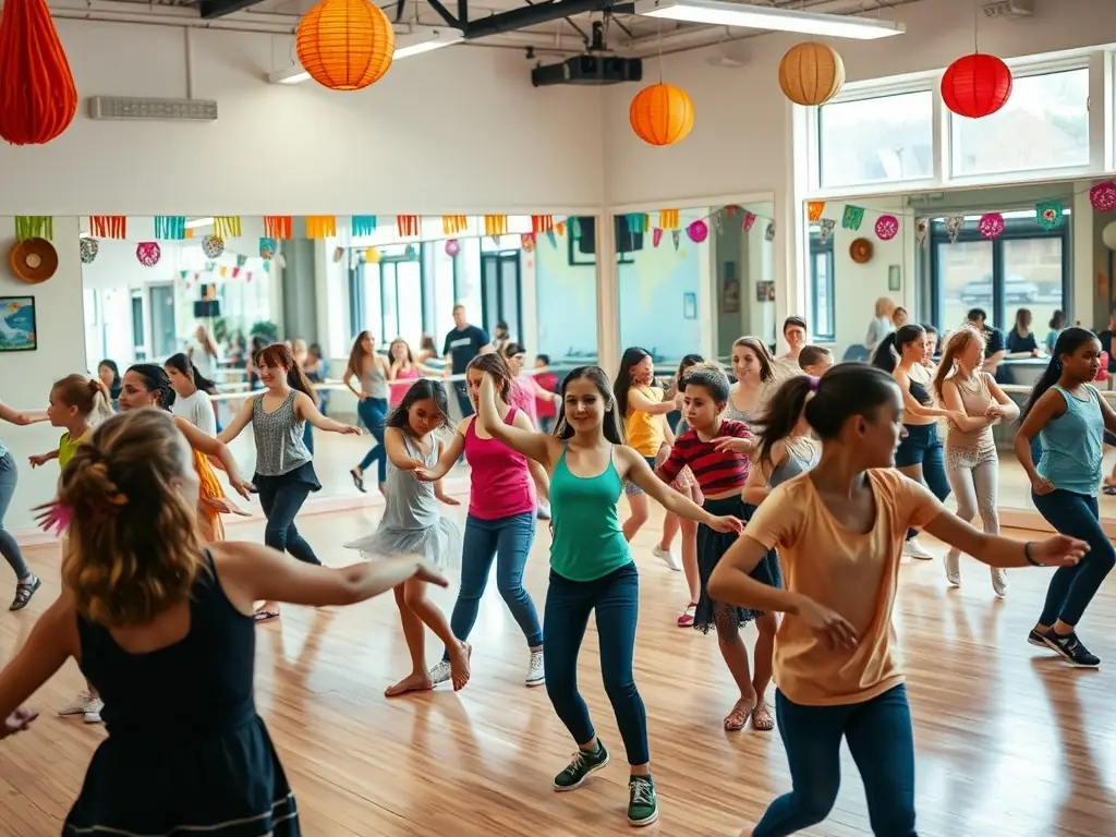A lively scene from a music and dance class, with participants of different ages moving to the rhythm, guided by an instructor, in a spacious and well-lit studio.