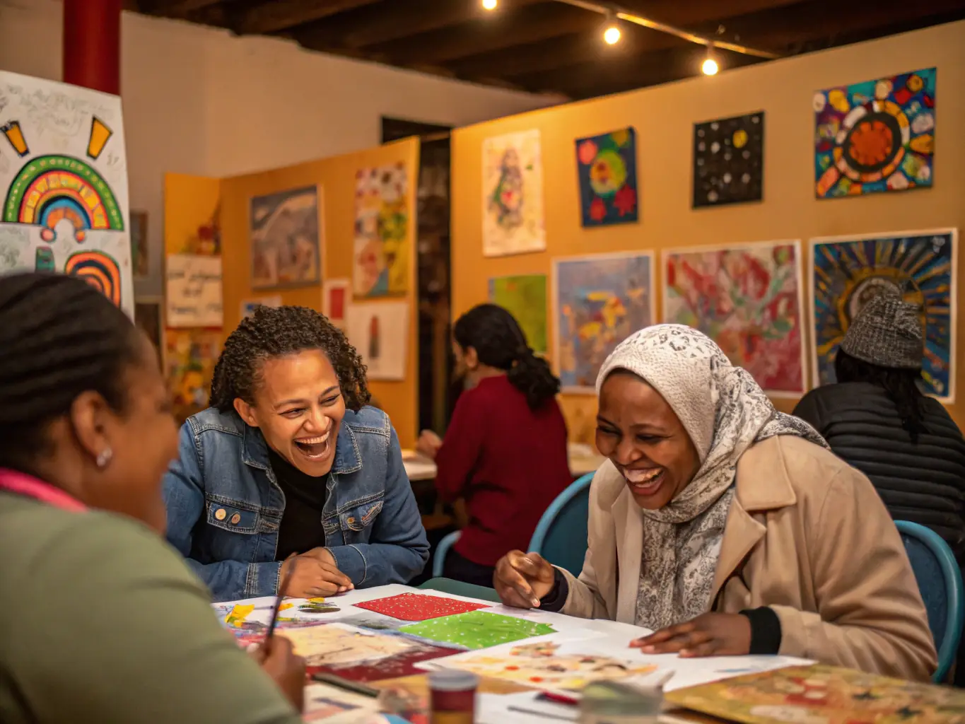 An image showcasing community members participating in a lively art workshop, with vibrant colors and engaged expressions, reflecting the creativity and community spirit fostered by PLC PAYS LOISIRS ET CULTURE.