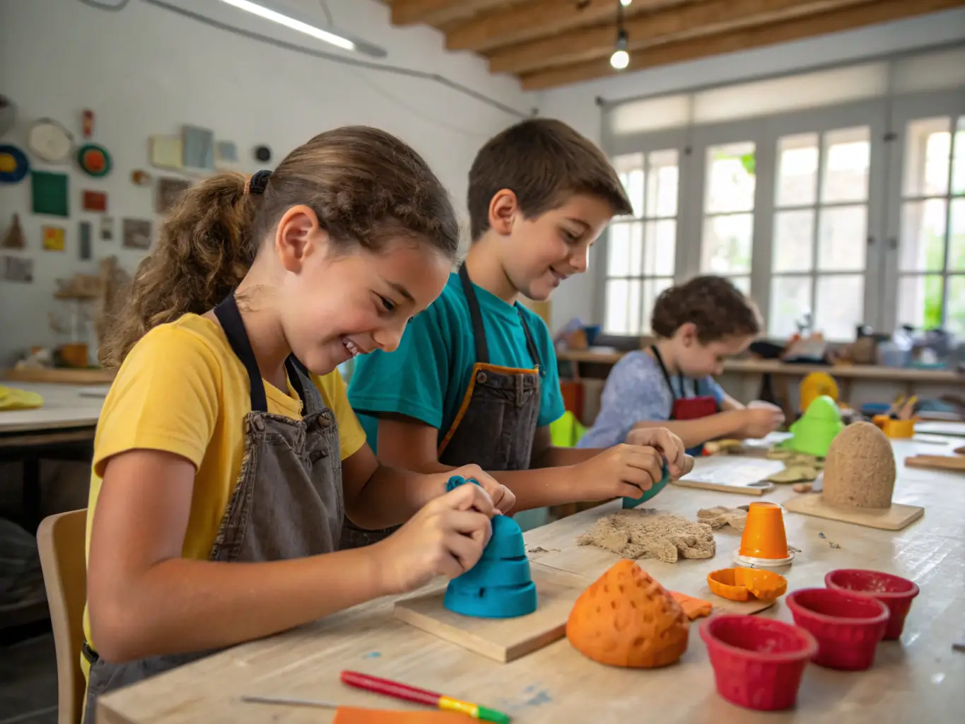 A group of children participating in a pottery workshop, focused on hands-on learning and creative expression, set in a bright and inspiring studio environment.