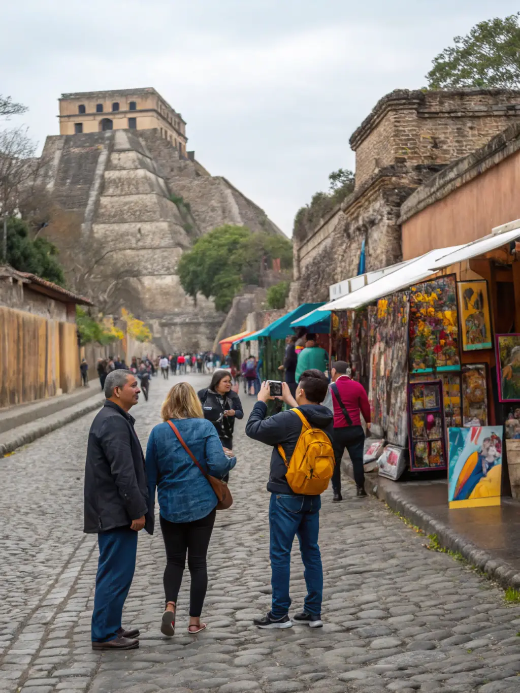 A diverse group of people on a guided heritage tour, exploring historical landmarks and learning about the local history and culture, emphasizing the heritage program of PLC PAYS LOISIRS ET CULTURE.