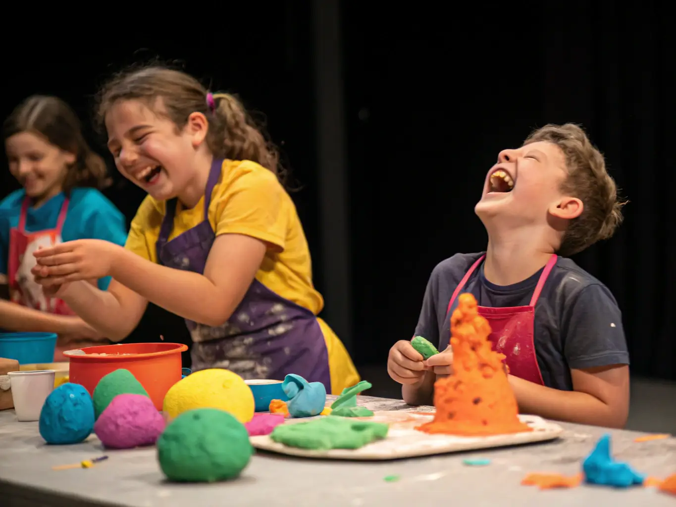A group of children participating in a pottery workshop, their hands covered in clay, smiling and focused on their creations, set in a bright and cheerful studio environment.