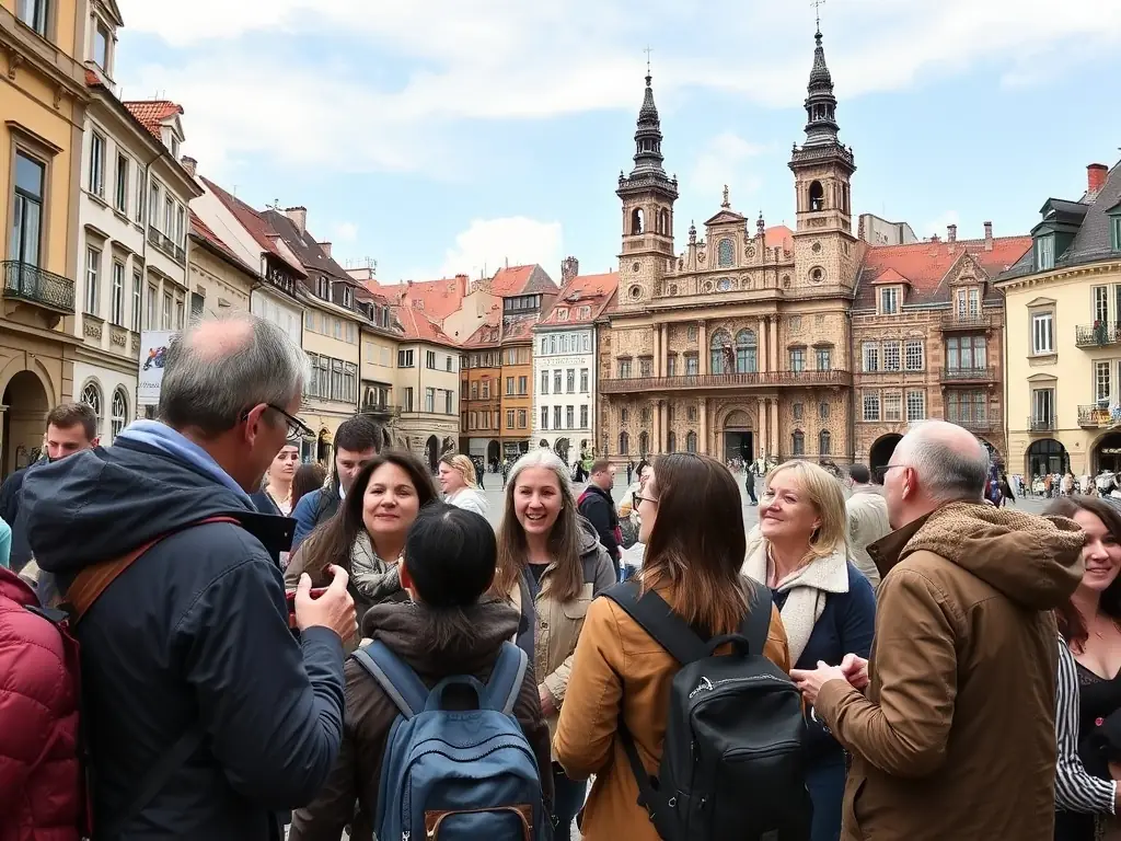 An image depicting a guided heritage tour exploring local historical landmarks, emphasizing the educational and cultural enrichment provided by PLC PAYS LOISIRS ET CULTURE.