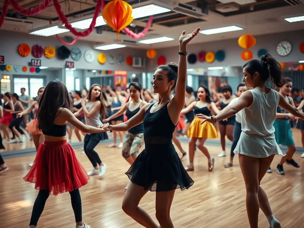 An image capturing a vibrant music and dance class, showcasing the energy and joy of participants as they learn and perform together, highlighting the fun and engaging activities offered by PLC PAYS LOISIRS ET CULTURE.