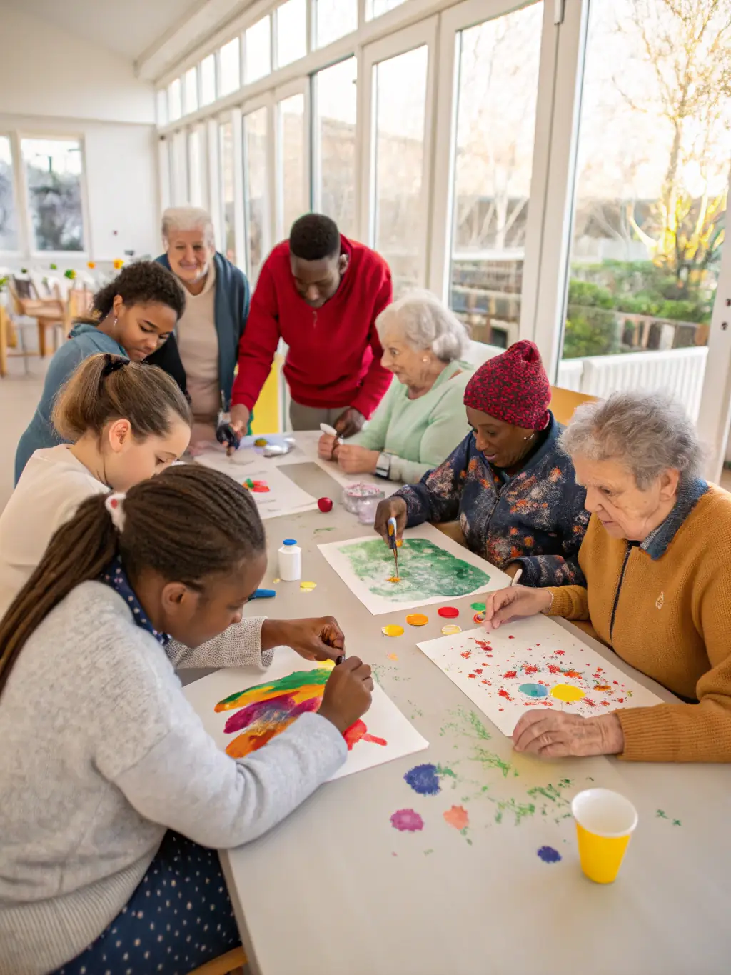 An intergenerational event with seniors and children engaging in a collaborative activity, fostering connections and sharing experiences, highlighting the intergenerational program of PLC PAYS LOISIRS ET CULTURE.