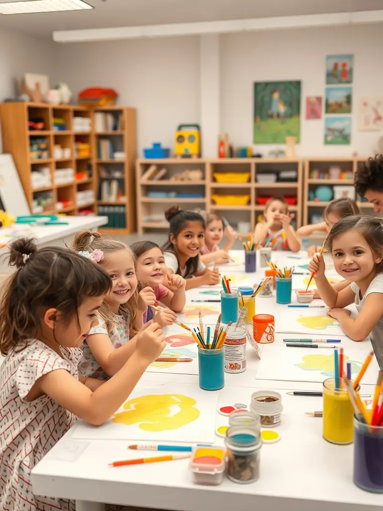 A group of children participating in an art workshop, painting colorful landscapes under the guidance of an instructor, showcasing the creative arts program offered by PLC PAYS LOISIRS ET CULTURE.
